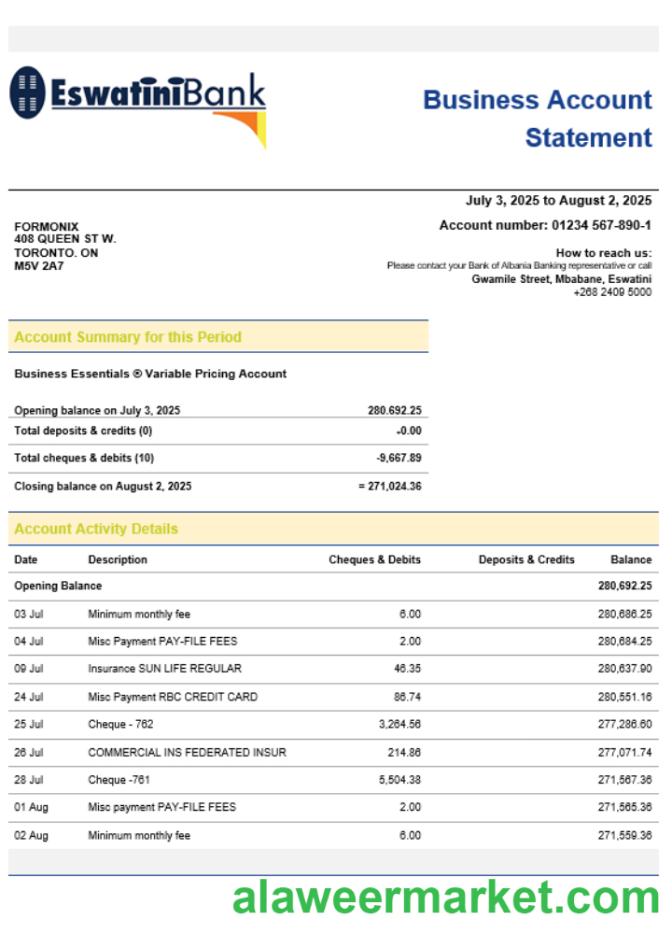 Swazibank Limited company checking account statement Word and PDF template